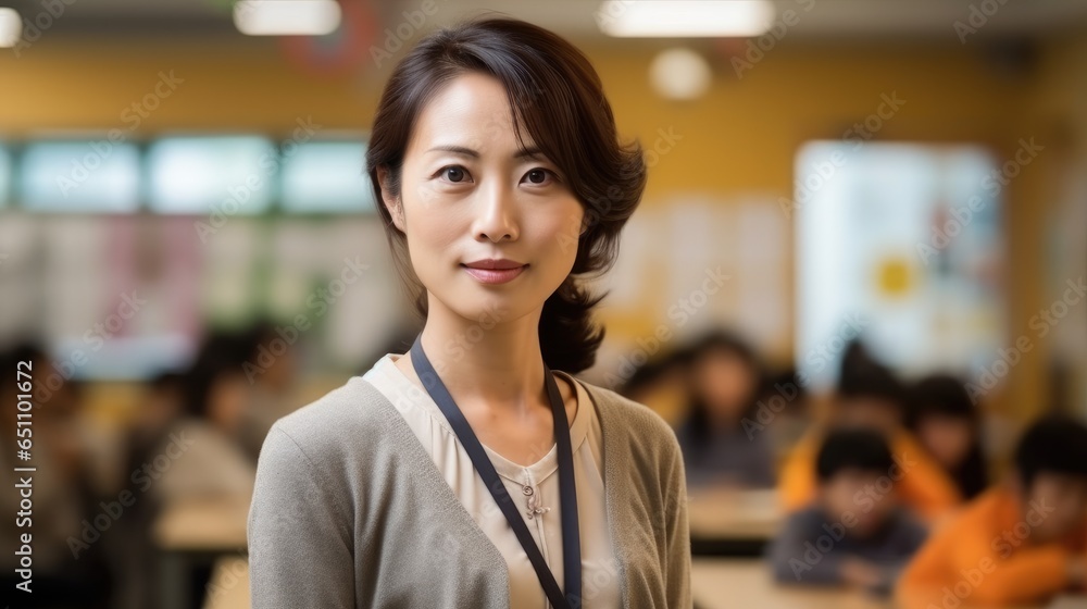 Portrait of beautiful adult Asian school teacher in the classroom.