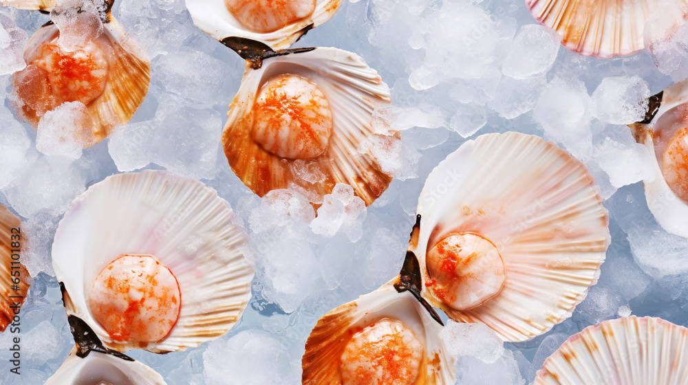 Raw fresh scallops on ice cubes. Seafood background. Generative AI