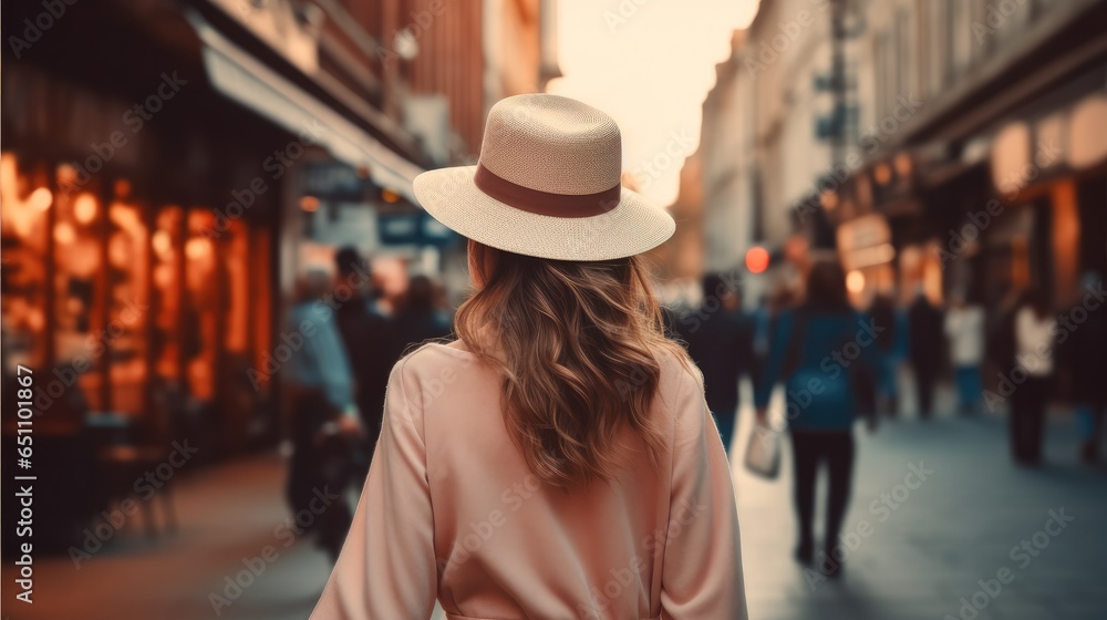 Rear view, Young woman in hat and coat walking in the city, Travel concept.