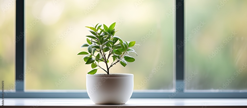 Window display featuring a small potted plant