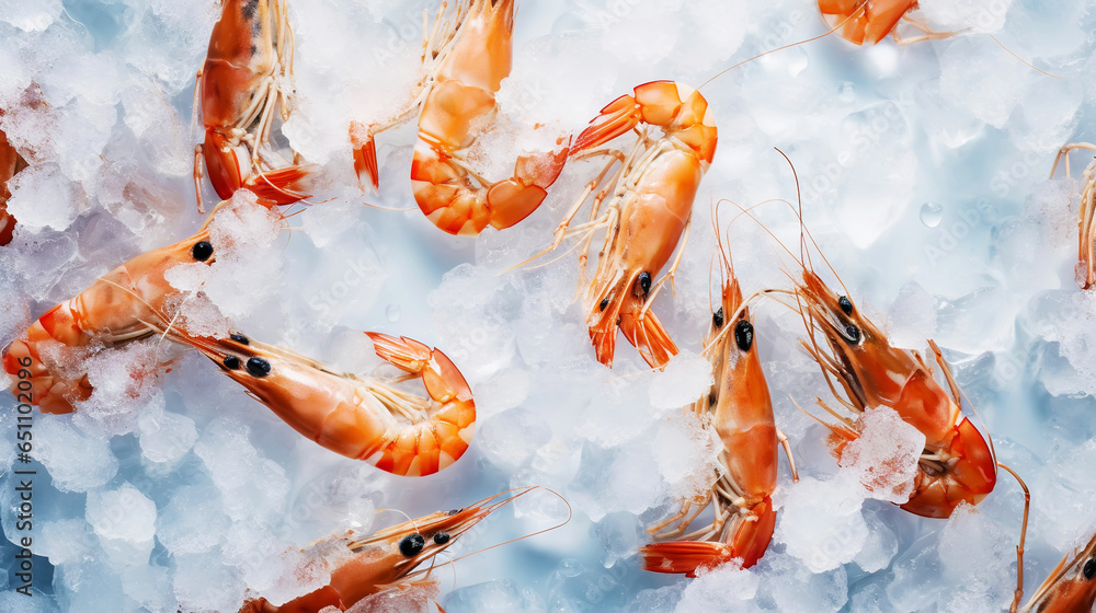 Top view of raw whole king prawns on ice. Seafood background. Generative AI