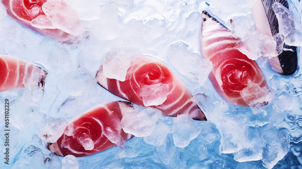 Slices of tuna fish on the ice cubes. Fresh fish fillet. Seafood background. Generative AI