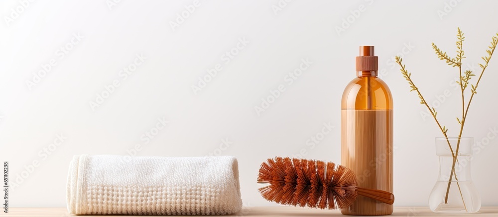 Eco friendly kitchen cleaning products amber brown spray bottle and dish brush for sustainable living