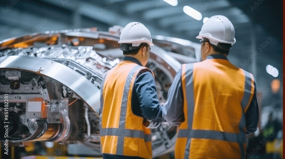 Two heavy industry engineers using digital tablet checking in pipe manufacturing Factory, Construction of Oil, Gas and Fuels Transport Pipeline.