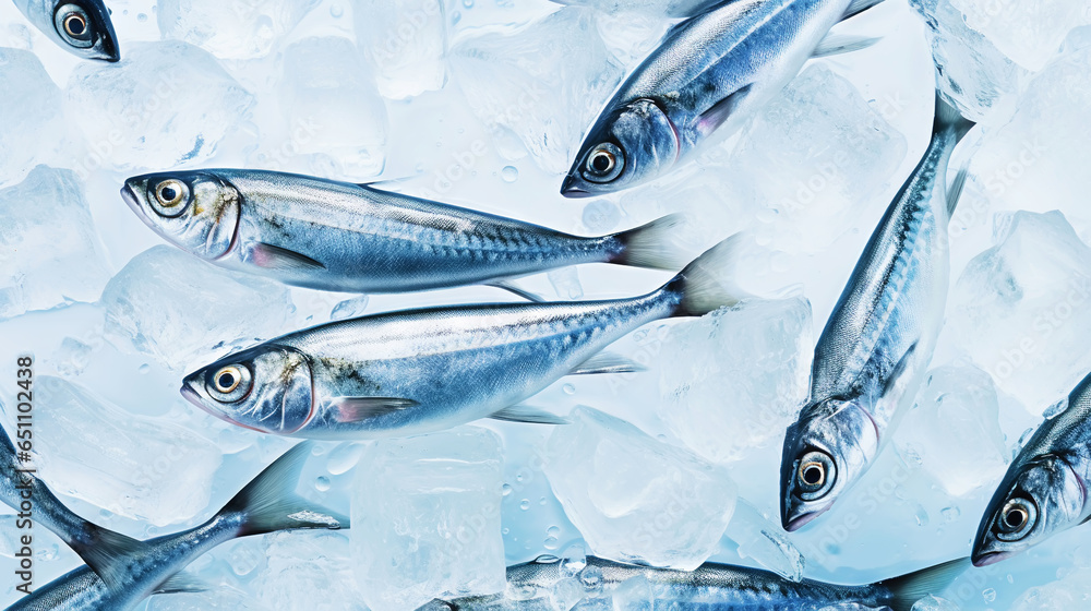  Fresh sardines on ice. Seafood background. Generative AI