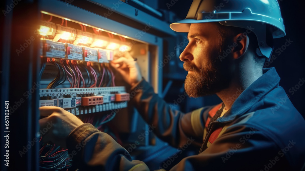 Electrician man installing a electric switchboard system.