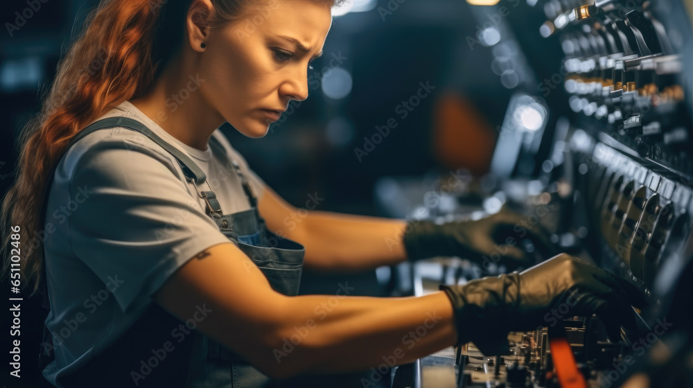 Woman technician working at in automotive factory, Auto industry technology.