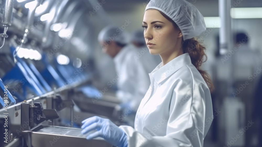 Young female worker operating machine units while working at clean food factory.