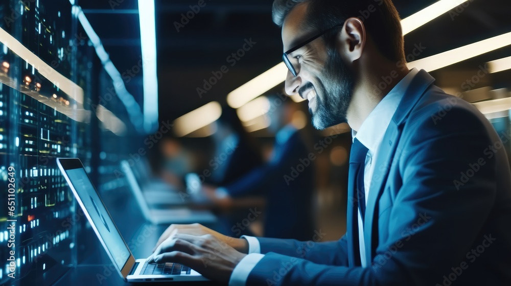 IT Engineer man working on laptop in server room or data center,