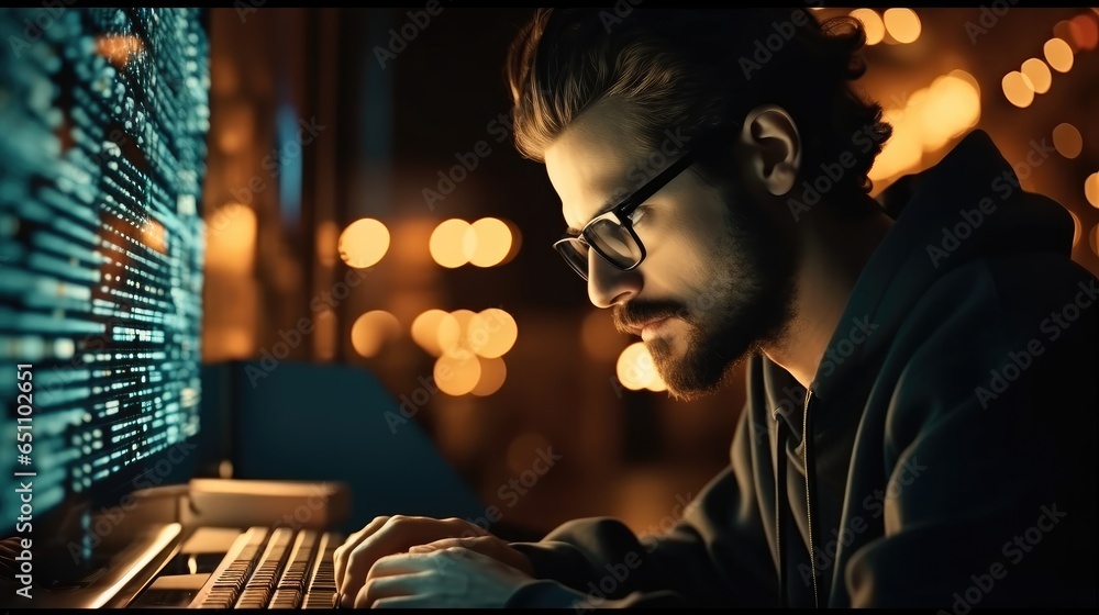 IT engineer man computer administrator working in server room, Digital world.