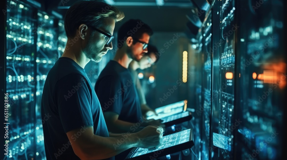 IT engineers checking servers in server room or data center.