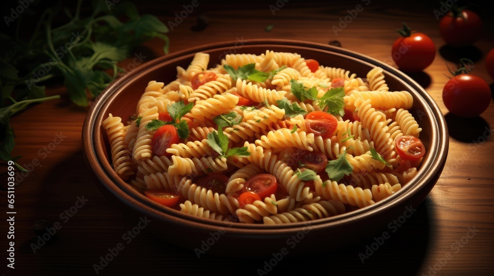 Pasta, Fusilli in red sauce, base of pastel colored wooden strips.