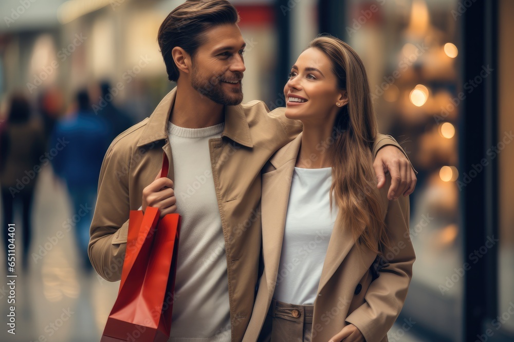 Couple is shopping at the mall, Holding Shopping Bags walking In Modern Mall Indoors.