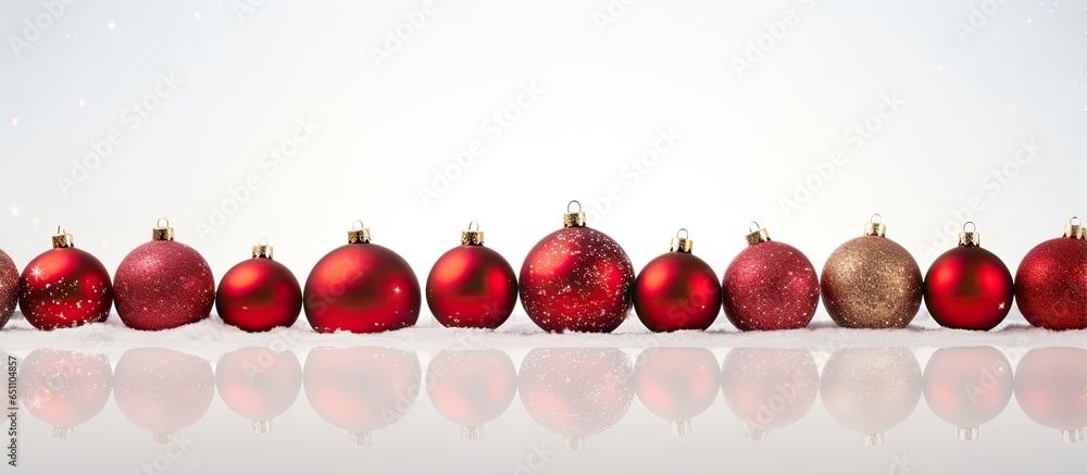 Snow covered backdrop with space for your text adorned with Christmas ornaments