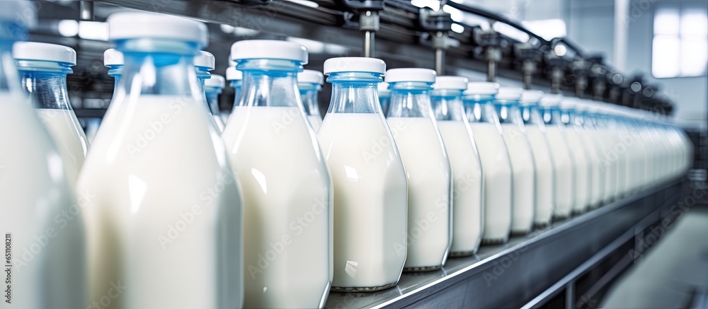 Bottling milk at the dairy factory using equipment