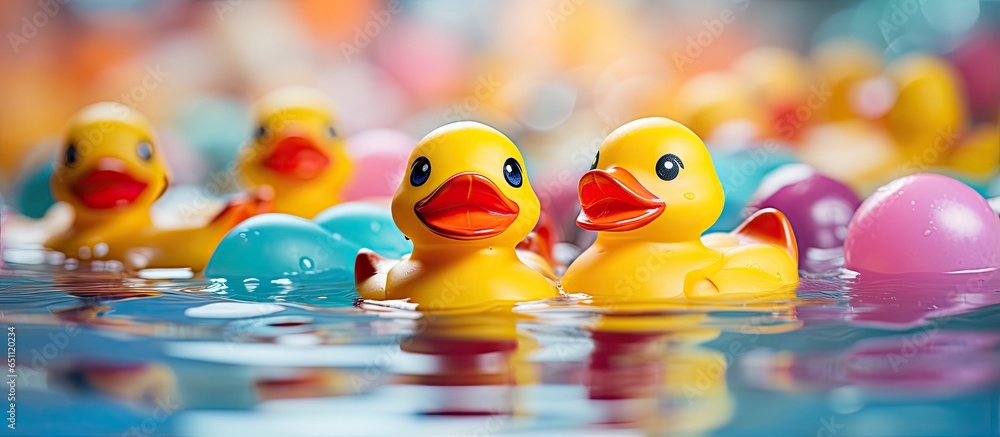 Rubber ducks at water amusement park fishing at fair party