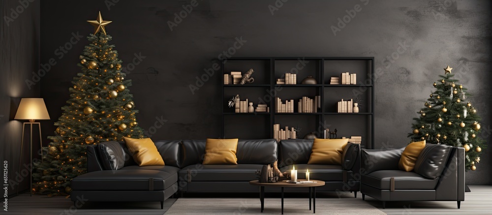 Scandinavian style living room for Christmas with a tree gifts and a black sofa on the wall mockup