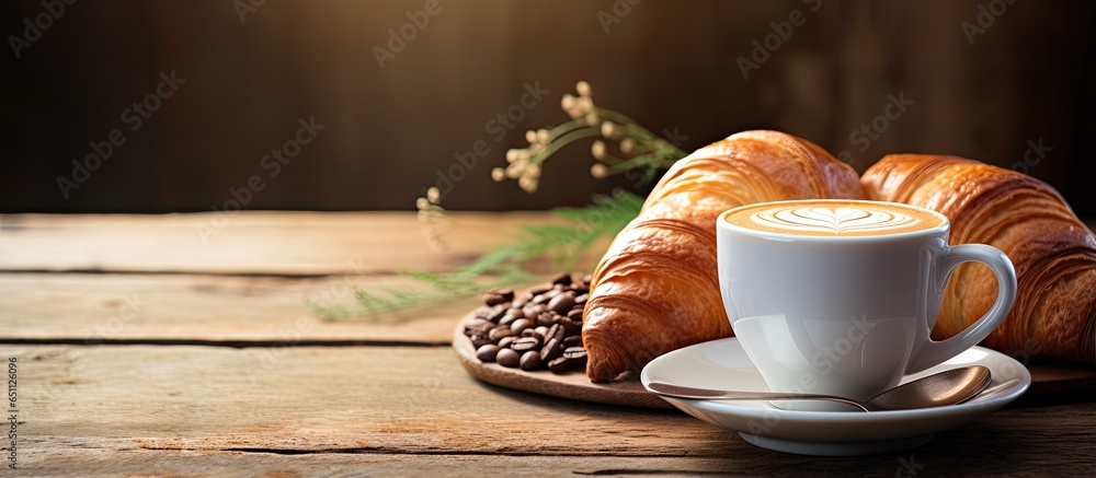 Cappuccino and croissant on wood table