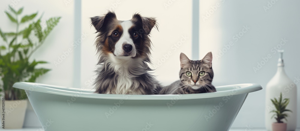 Gray cat and dog sit together in a fancy tub in a posh bathroom