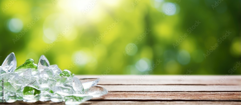 PET bottle flakes on wooden planks with a blurred green tree backdrop