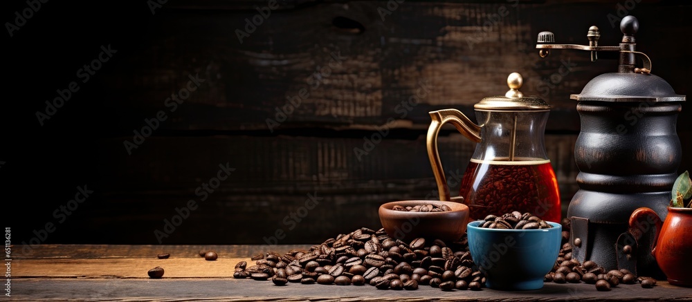 Vintage coffee equipment on rustic backdrop