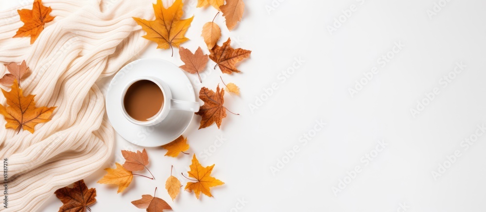 Autumn themed layout featuring coffee sweater leaves white background