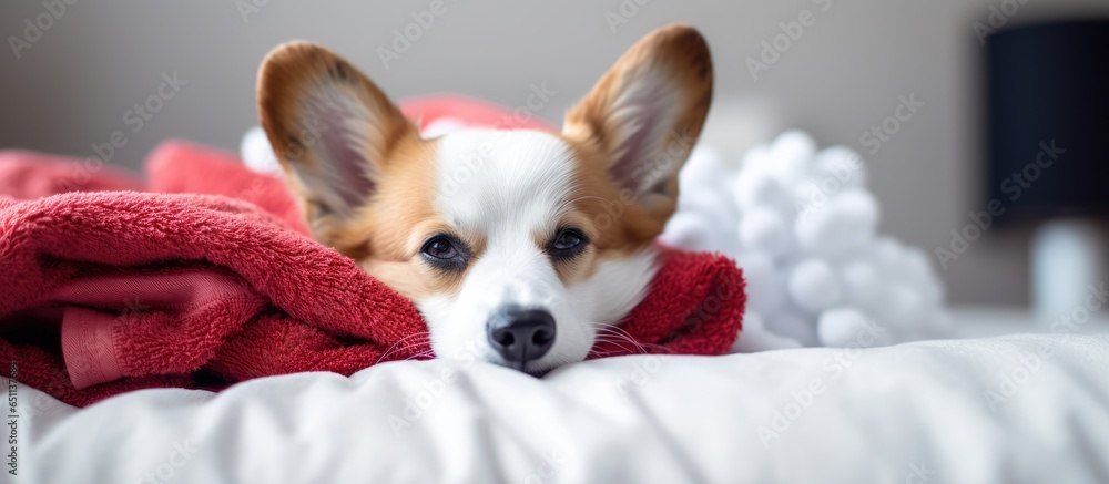 Relaxed white corgi on bed with spa treatments cucumber towel pillow blanket paw up