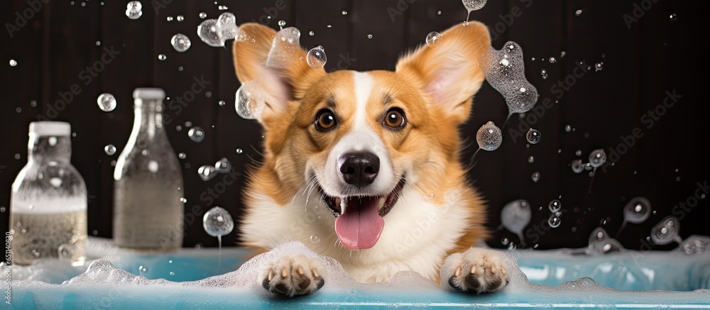 Humorous artwork depicting a Welsh Corgi enjoying a bubbly bath in a grooming salon