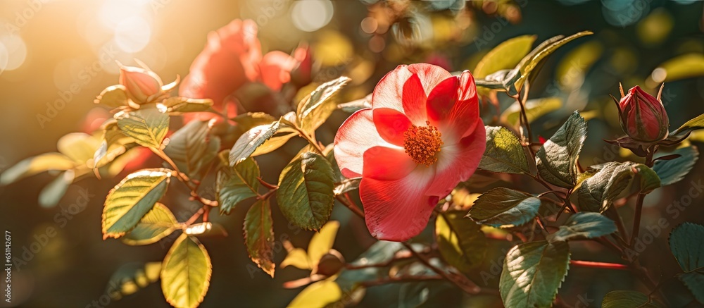 Wild rose blossoms on thorny bush symbolizing diversity in nature captured in sunlight