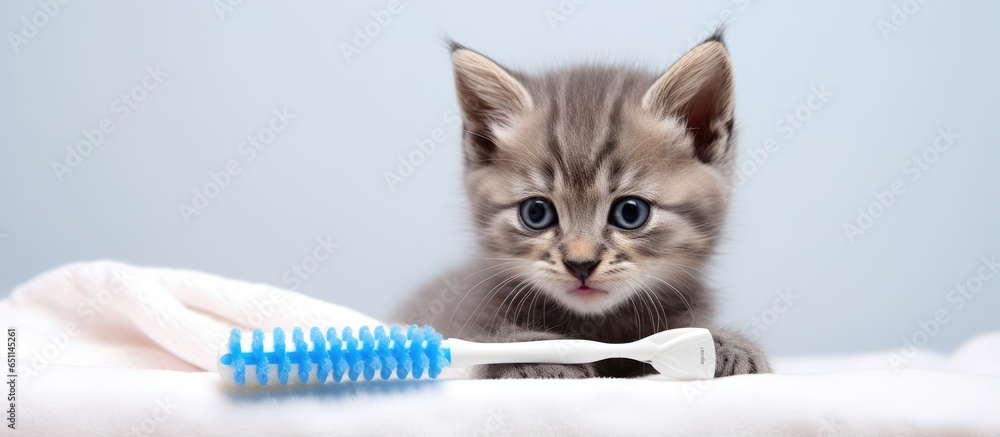 A British cat brushes its teeth