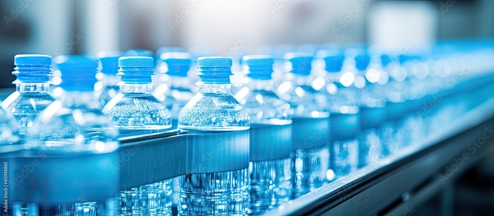 Empty PET bottles on conveyor belt in water factory High tech plastic bottle manufacturing