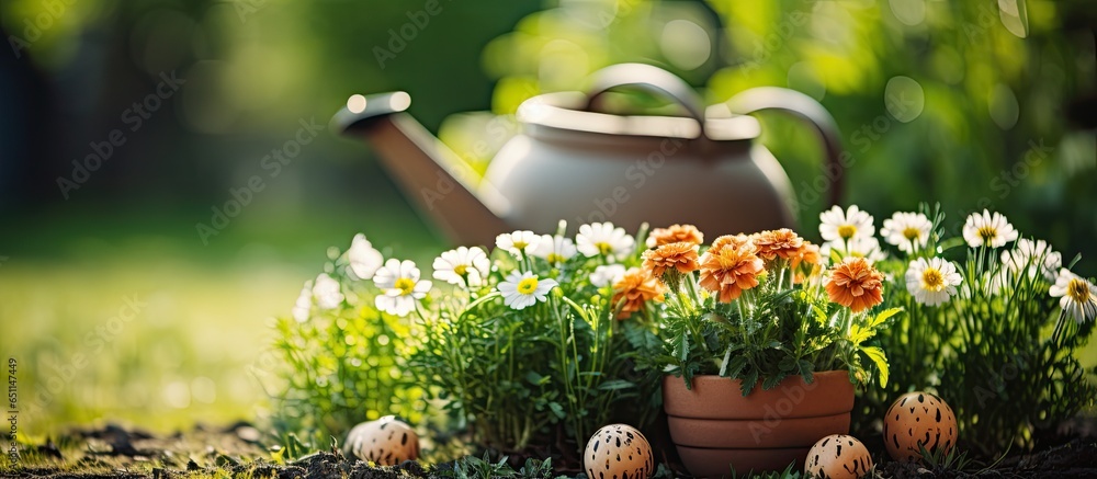 Gardening at home with flowers in a pot and tools on grass