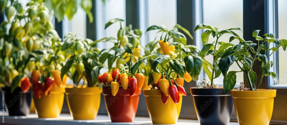 Colorful potted chili peppers indoors with room for text