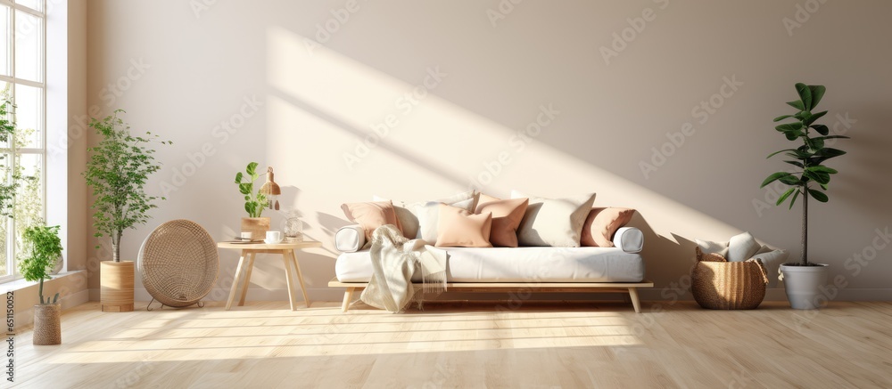 Bright Scandinavian style living room with coffee table floor pillows and window shadow