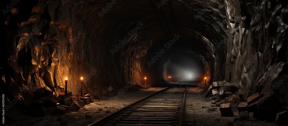 Lit and railed tunnel for miners