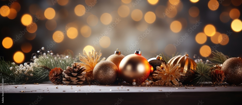 Nighttime ambiance of a Christmas table adorned with defocused lights ornaments and fir branches