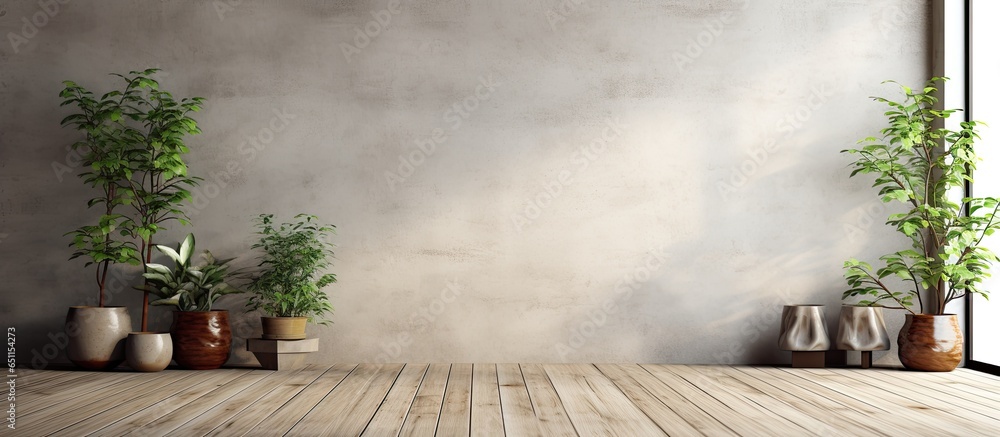 Spacious wooden terrace with gray plank floor blank concrete wall for copy space