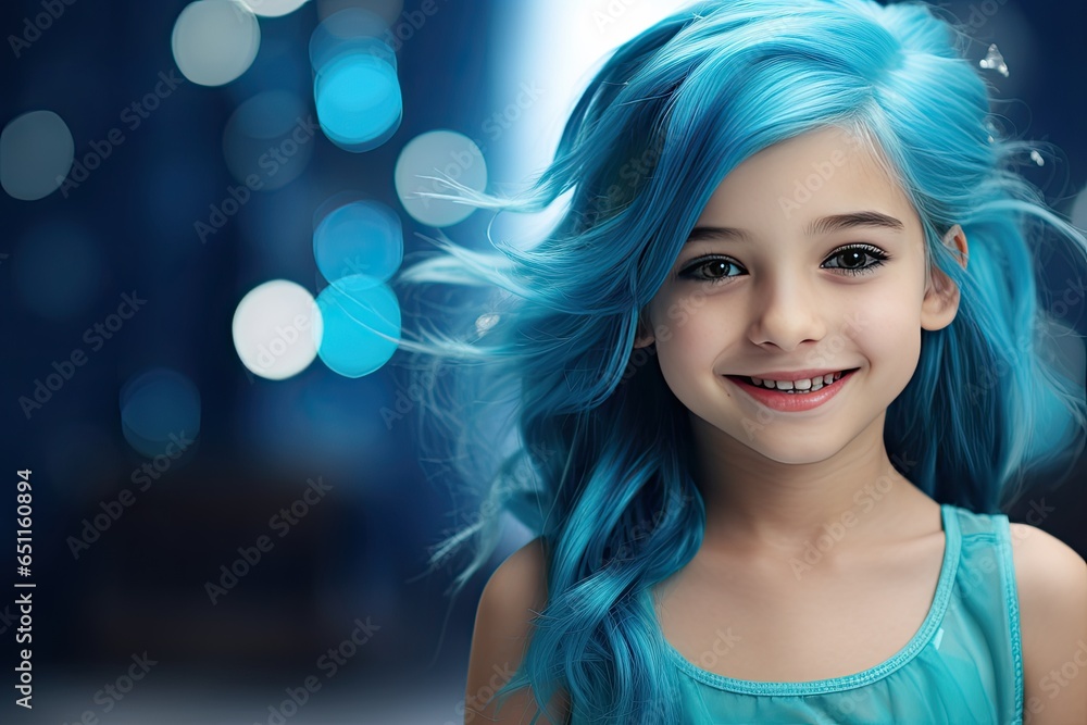 Portrait of a cute girl with blue hair outdoors, radiating innocence and happiness. Her bright eyes and sunny smile convey the carefree and positive essence of childhood.