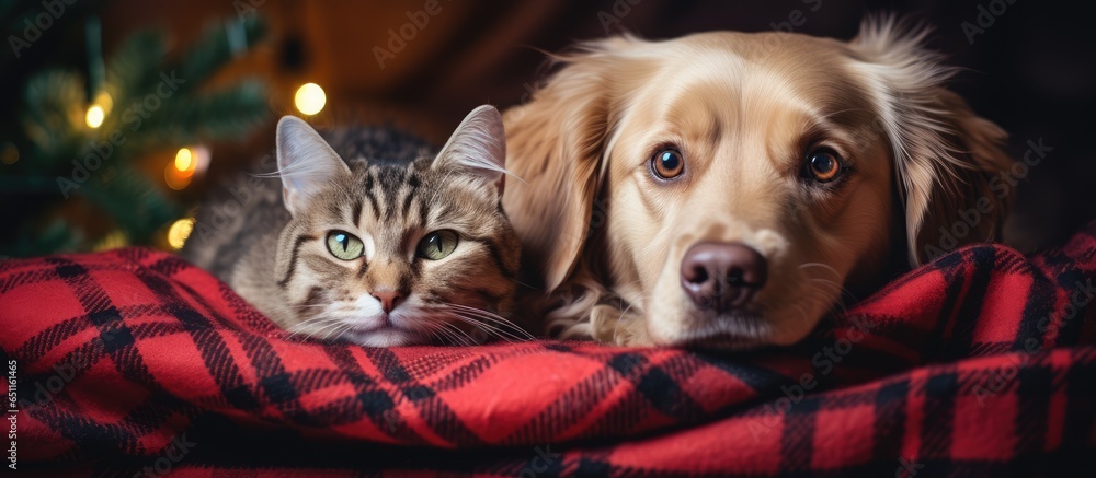 Pets under plaid during Christmas