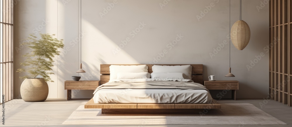 Zen style modern Japandi bedroom interior