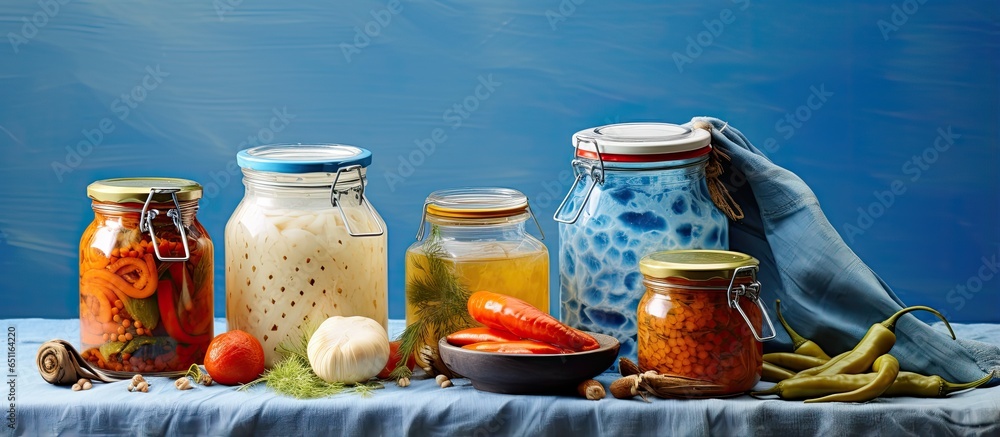 Preserved eco friendly probiotic food with fermented veggies Lecho and ajvar in glass jars on blue background with eucalyptus Home canning