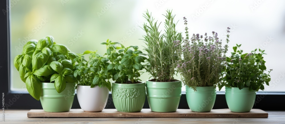 Indoor windowsill with variety of aromatic potted herbs