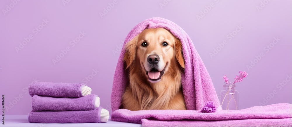 Golden Retriever receiving grooming services at a spa including a head towel and body brush on a purple backdrop