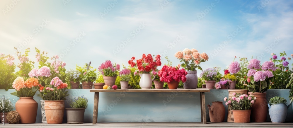 Terrace garden with tools and flowers