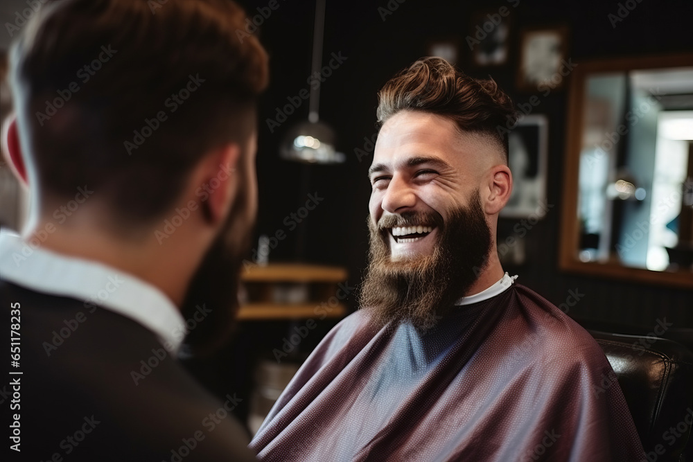 Stylish man with a beard enjoys a haircut and styling session in a hairdressers barbershop