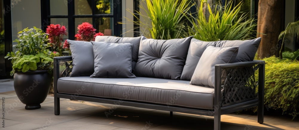 Metal sofa and table with gray cushion in outdoor area