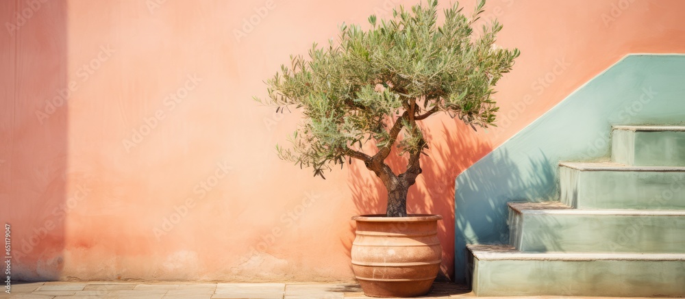 Retro postcard with olive tree in vintage pot near old building and stairs depicting travel summer concept with pastel colors