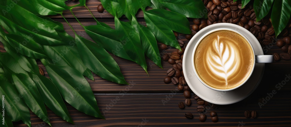 Street coffee with latte art on wooden table viewed from above