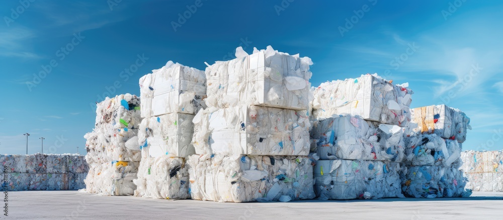 Stacked plastic cubes near recycling factory Aerial perspective