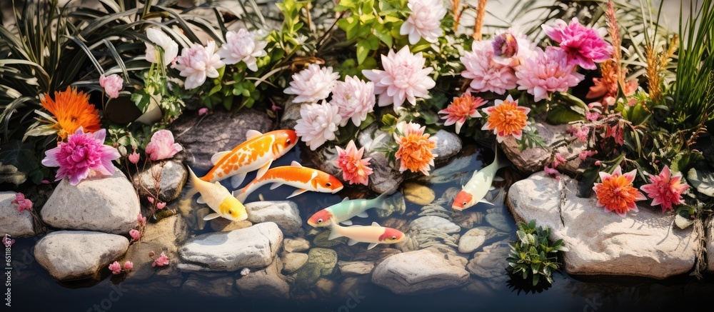 Country lifestyle backyard element Homemade rectangular concrete pond with young colorful koi and water flowers